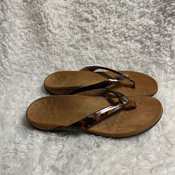 Vionic Brown Tortoise  print leather patent thong sandals size 10 - Picture 2 of 8